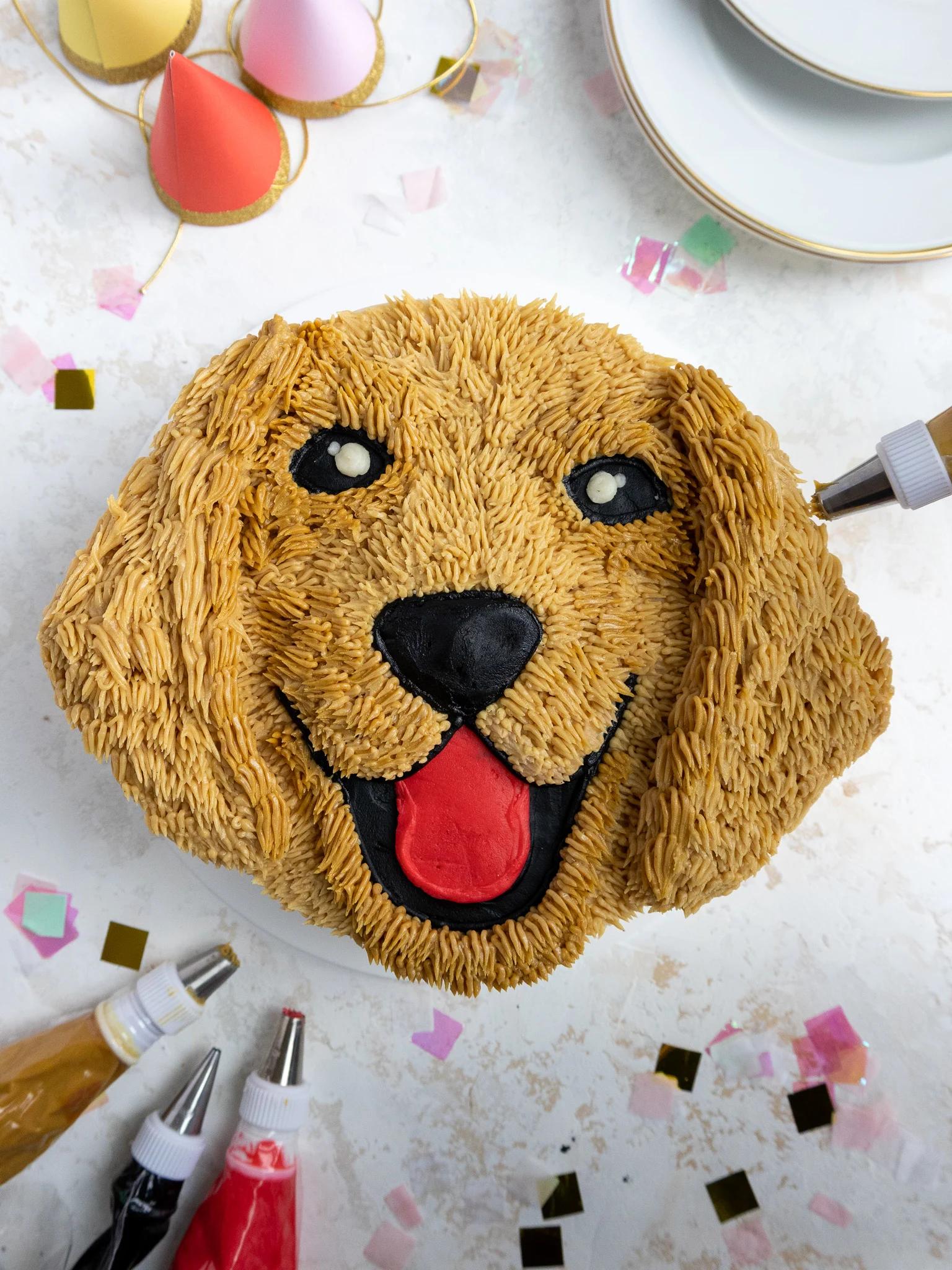 image of a cute buttercream golden retriever cake