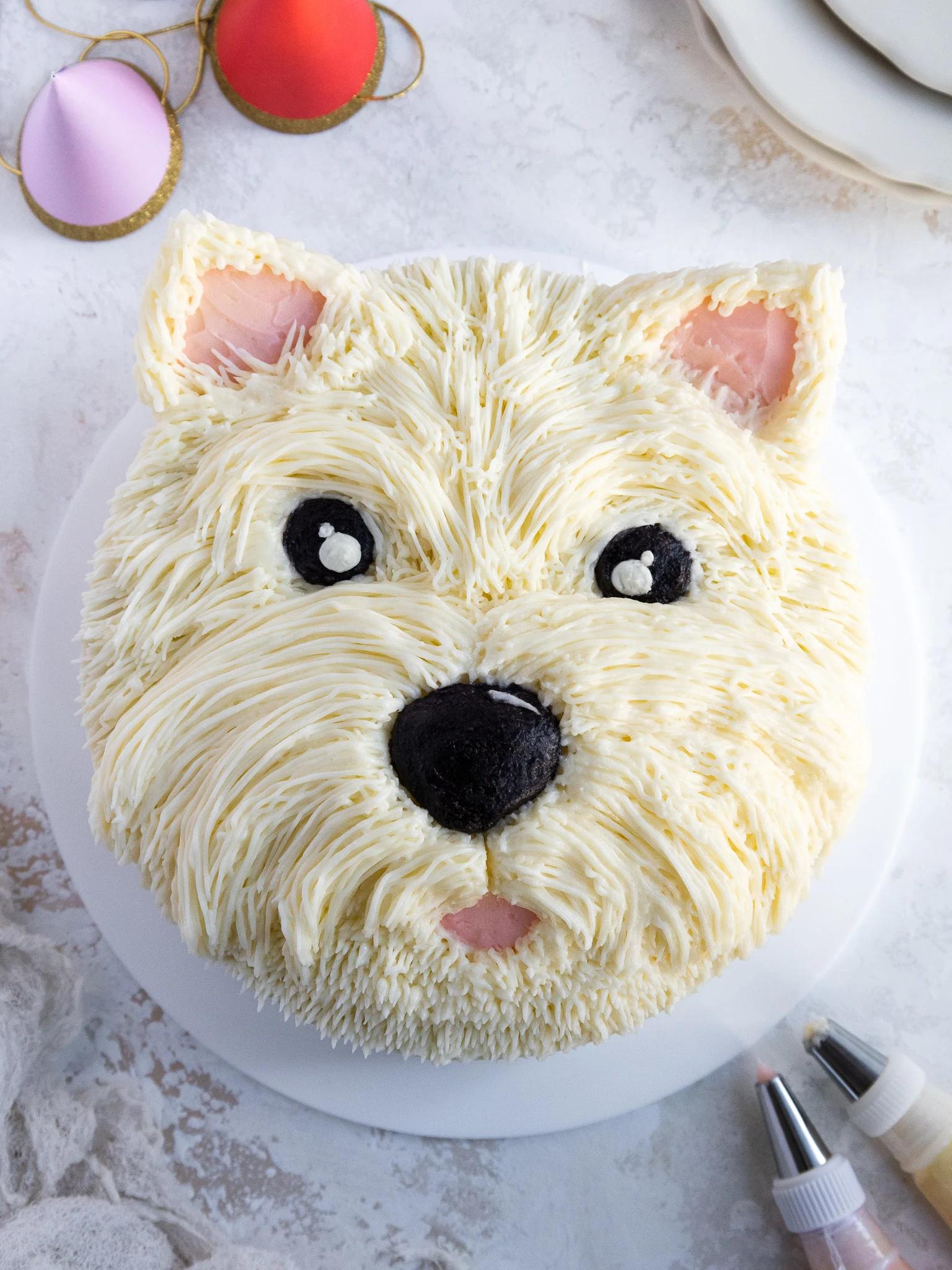 image of a cute westie cake that's been decorated with buttercream frosting