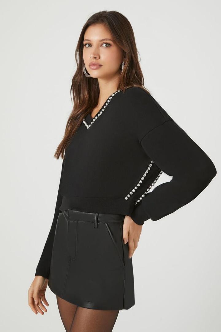 Rhinestone-Trim V-Neck Sweater